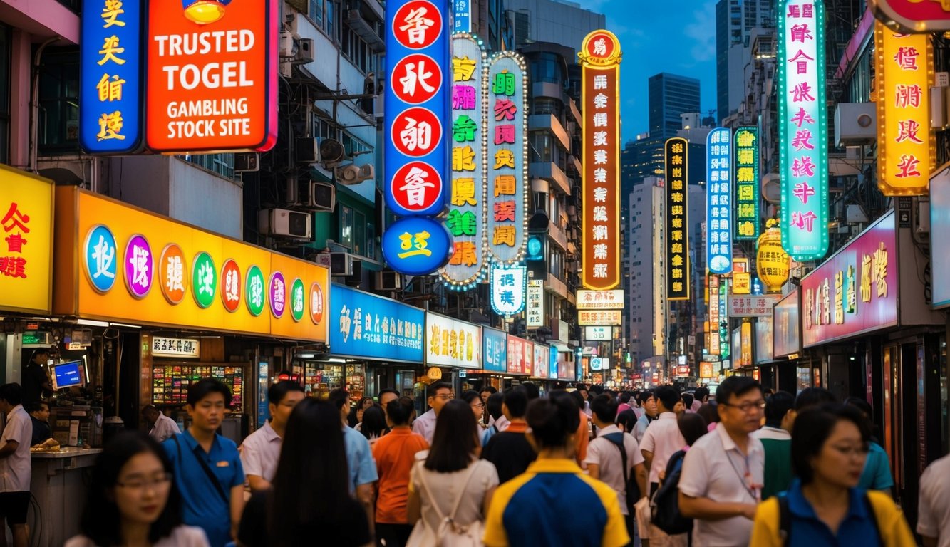 Sebuah jalan yang ramai di Hong Kong dengan tanda-tanda berwarna-warni dan aktivitas yang sibuk, menampilkan suasana yang hidup dan ceria dari situs perjudian Togel yang terpercaya