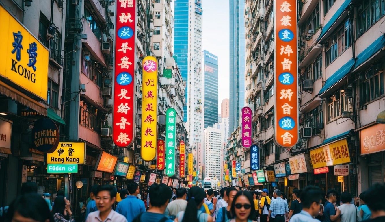 Sebuah jalan yang ramai di Hong Kong dengan tanda-tanda berwarna-warni dan suasana yang penuh semangat