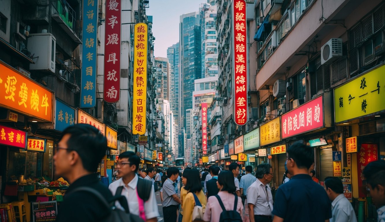 Sebuah jalan yang ramai di Hong Kong dengan tanda-tanda berwarna-warni dan aktivitas yang sibuk