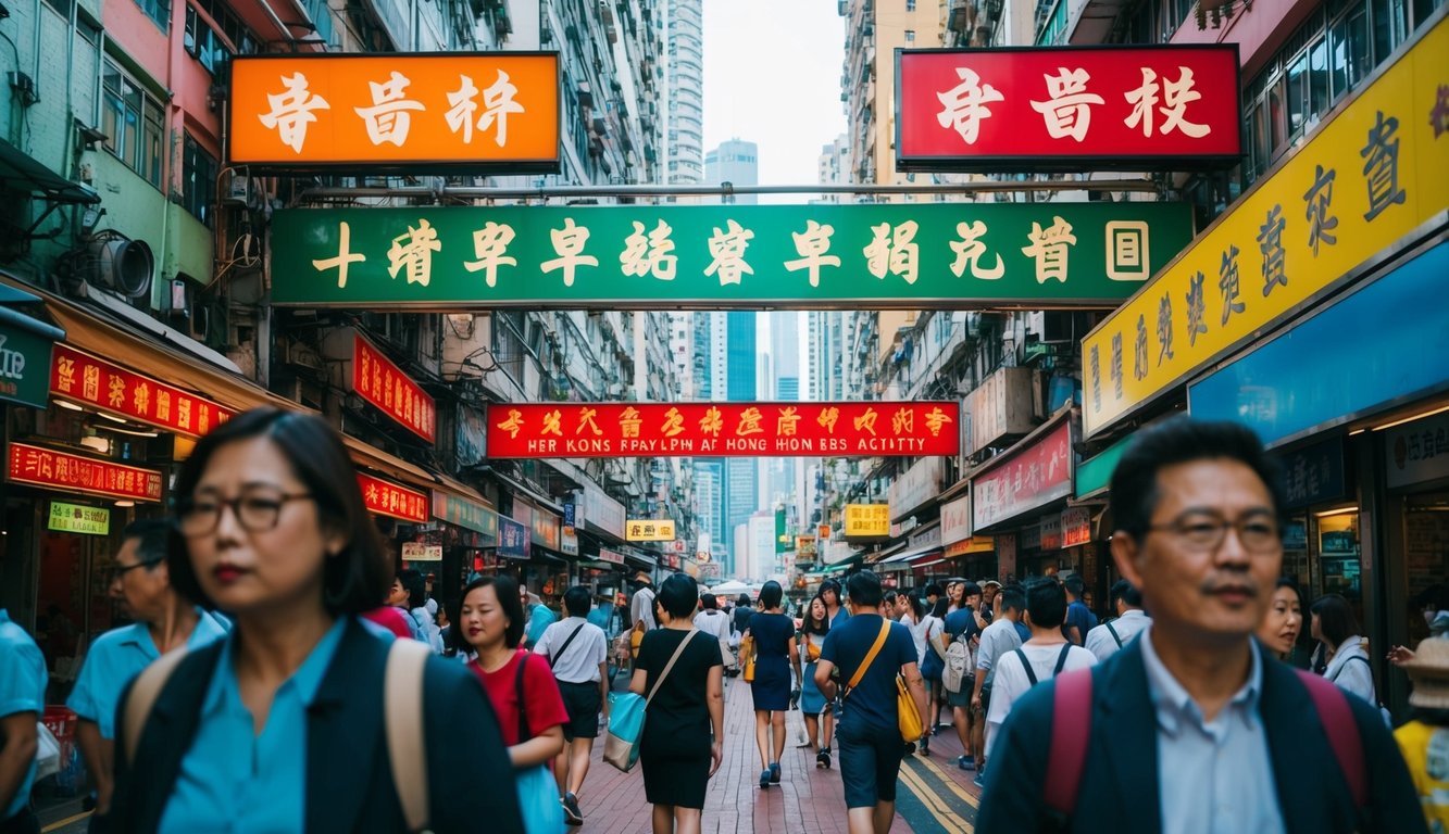 Sebuah jalan yang ramai di Hong Kong dengan tanda-tanda berwarna-warni dan aktivitas yang sibuk