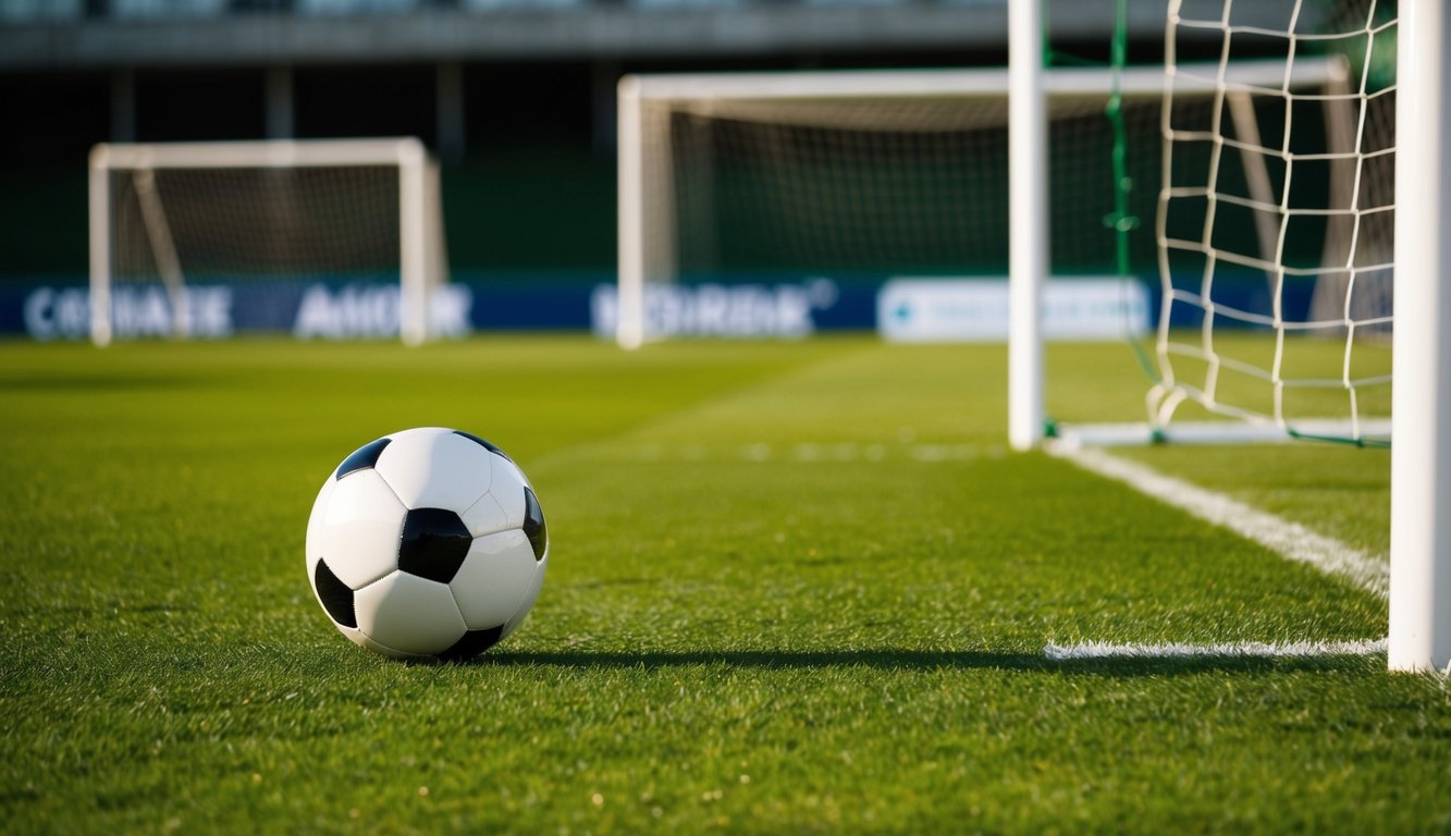 Sebuah bola sepak yang bergulir di atas lapangan hijau dengan tiang gawang di latar belakang