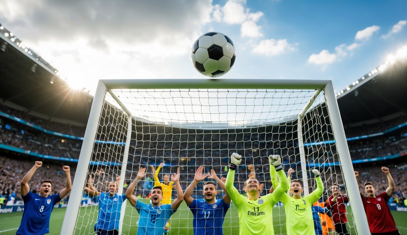 Sebuah bola sepak terbang ke sudut atas jaring, dikelilingi oleh penggemar yang bersorak di stadion