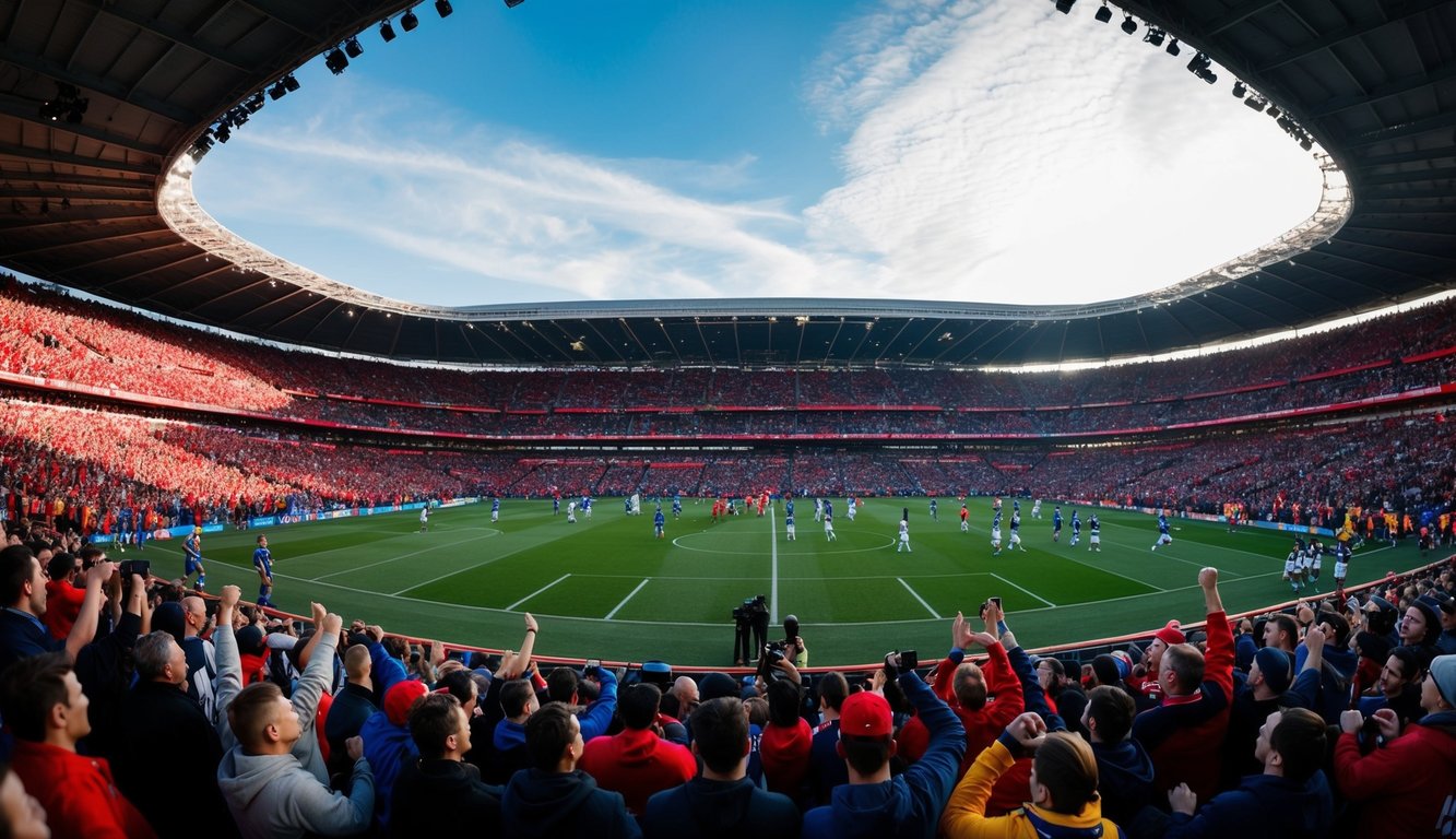 Sebuah stadion yang ramai dengan penggemar yang bersorak dan pemain di lapangan