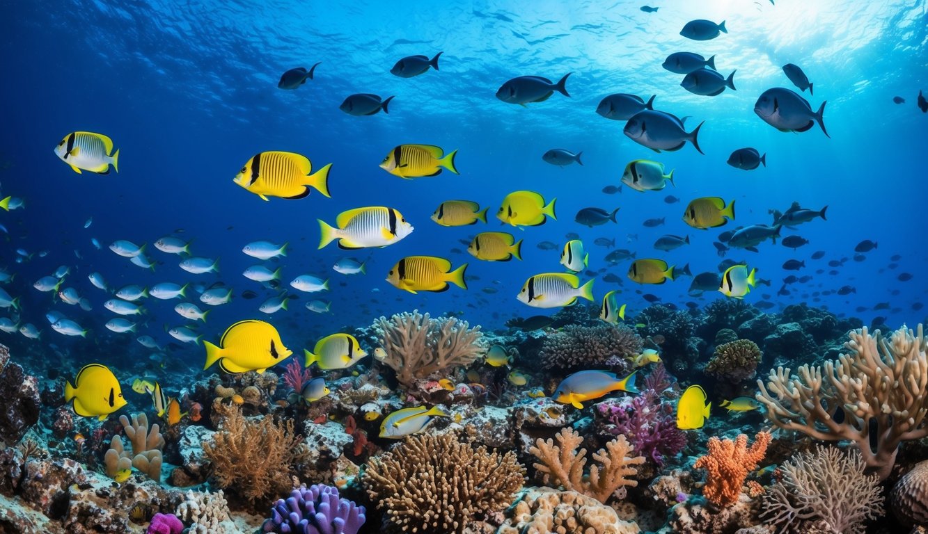 Dunia bawah laut yang ramai dengan ikan berwarna-warni, terumbu karang, dan berbagai makhluk laut