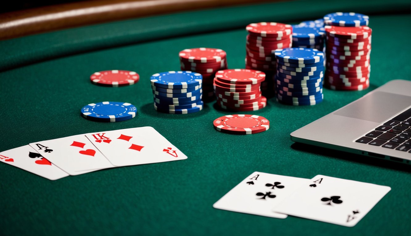 Sekelompok chip poker dan kartu bermain berserakan di atas meja felt hijau, dengan laptop ramping terbuka pada permainan poker online