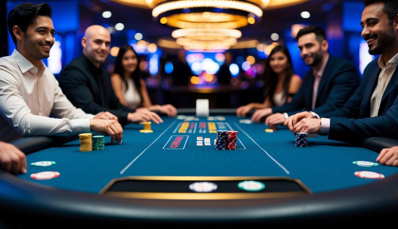 Sebuah meja poker yang ramping dan modern dengan chip dan kartu berwarna-warni, dikelilingi oleh pemain yang antusias di suasana kasino mewah yang redup.