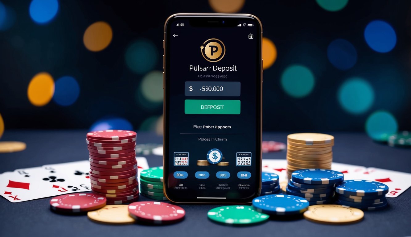 Sebuah smartphone yang menampilkan aplikasi poker dengan opsi deposit pulsar, dikelilingi oleh kartu remi dan chip poker