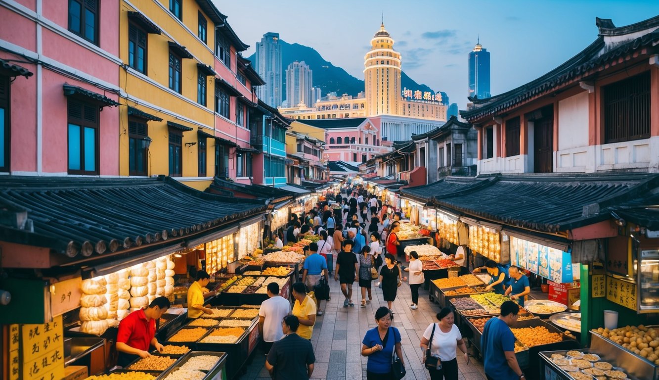 Pasar jalanan yang ramai di Makau, dengan bangunan tradisional berwarna-warni, pedagang kaki lima yang menjual makanan lokal, dan orang-orang yang berlalu lalang.