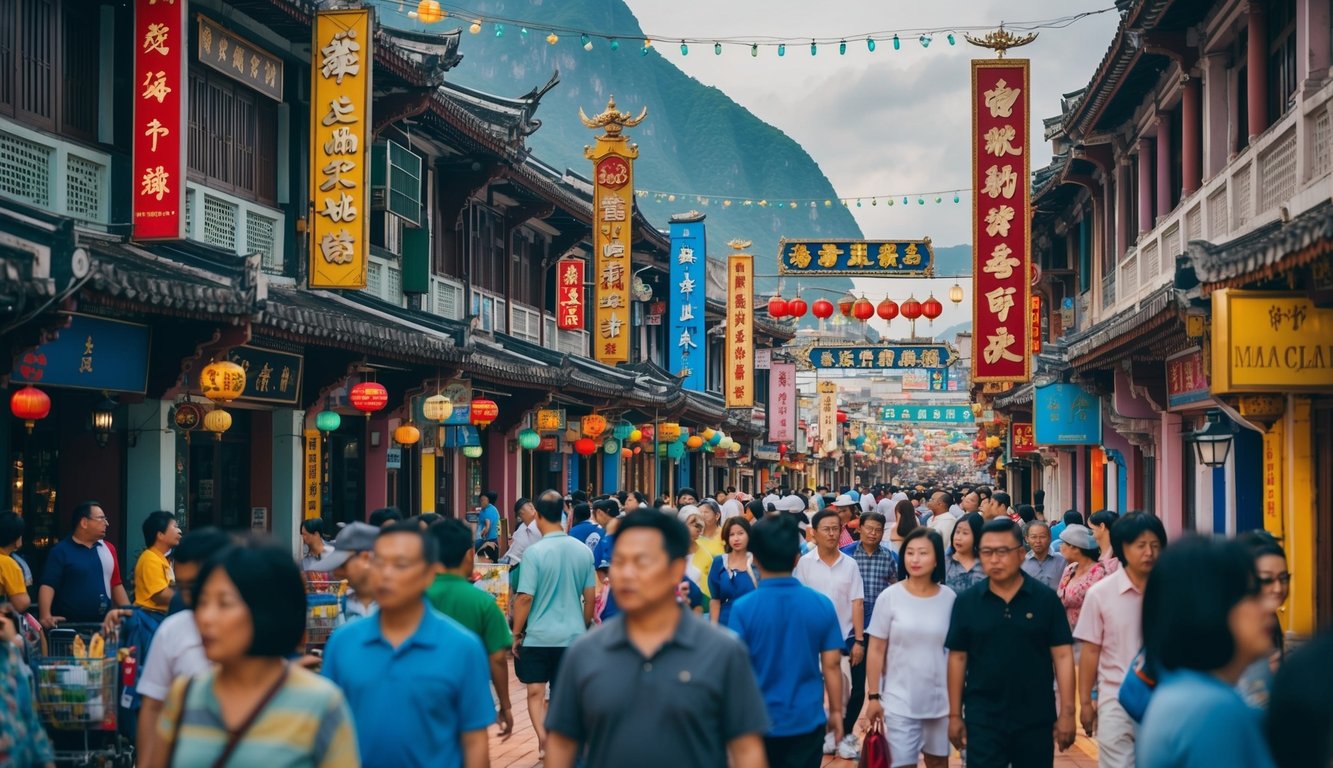 Sebuah jalan yang ramai di Bandar Toto Macau, dipenuhi dengan papan tanda berwarna-warni, arsitektur tradisional, dan campuran penduduk lokal serta turis