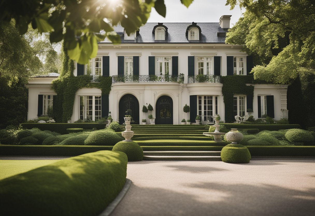 A grand mansion surrounded by lush greenery, with a "For Sale" sign and a group of foreign investors discussing the property