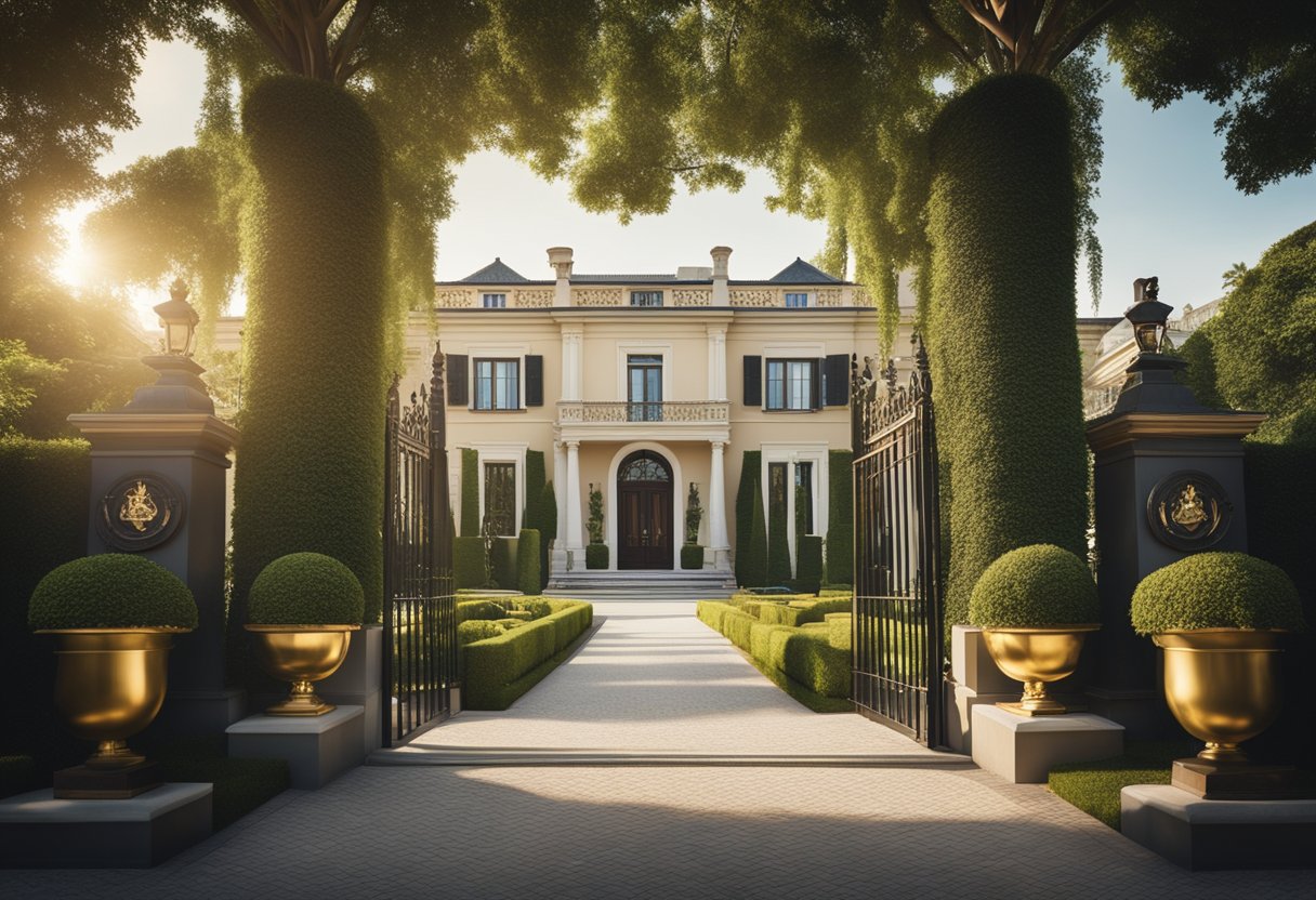 A grand mansion surrounded by lush greenery and a "golden visa" emblem displayed prominently at the entrance