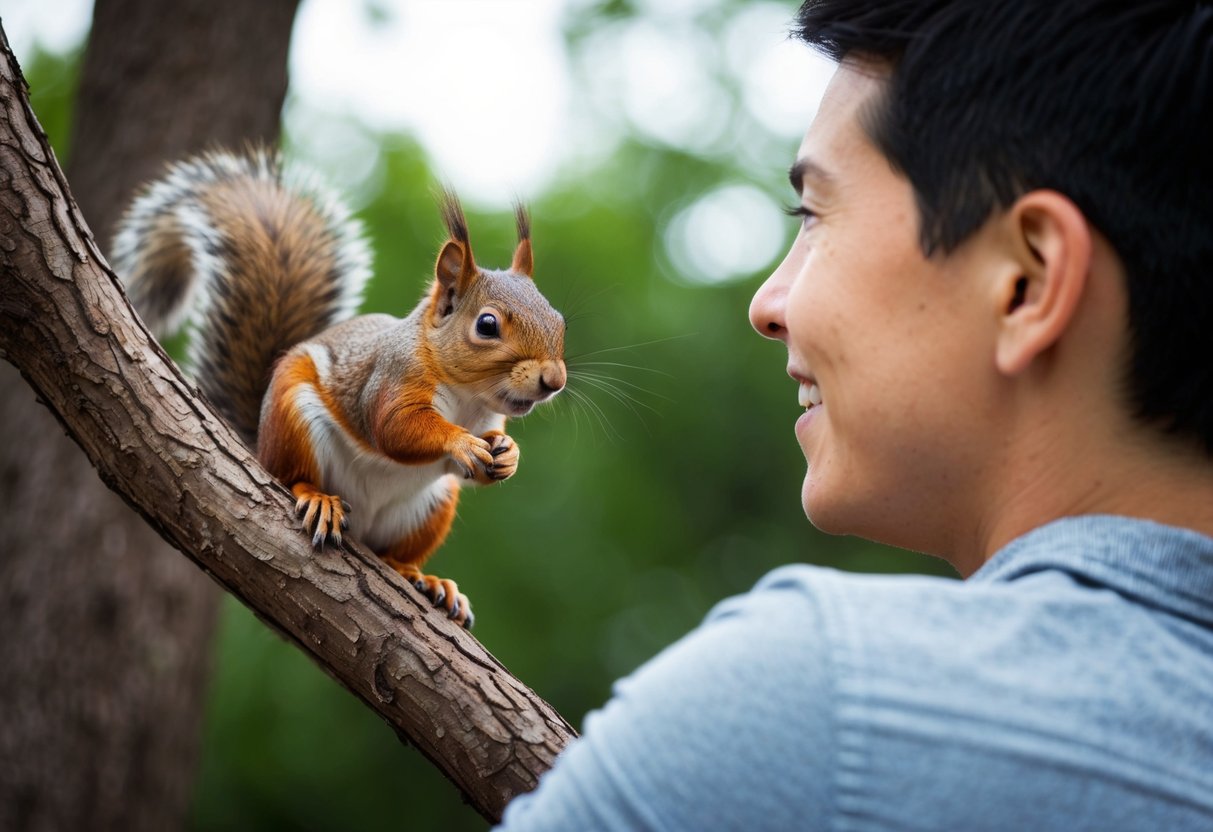 A squirrel perched on a tree branch, facing a person with a curious and friendly expression, while the person looks back with a smile