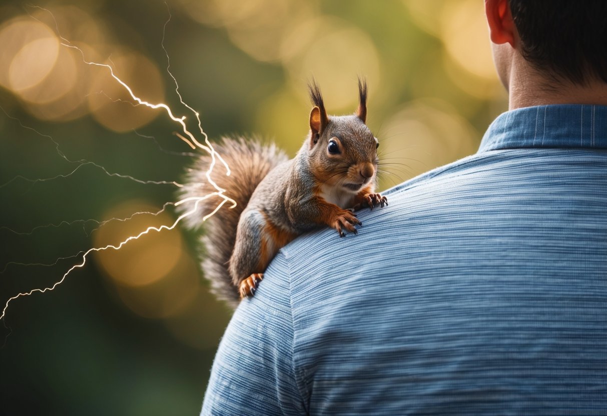 A squirrel touches a person's shoulder, causing a small spark of static electricity to jump between them