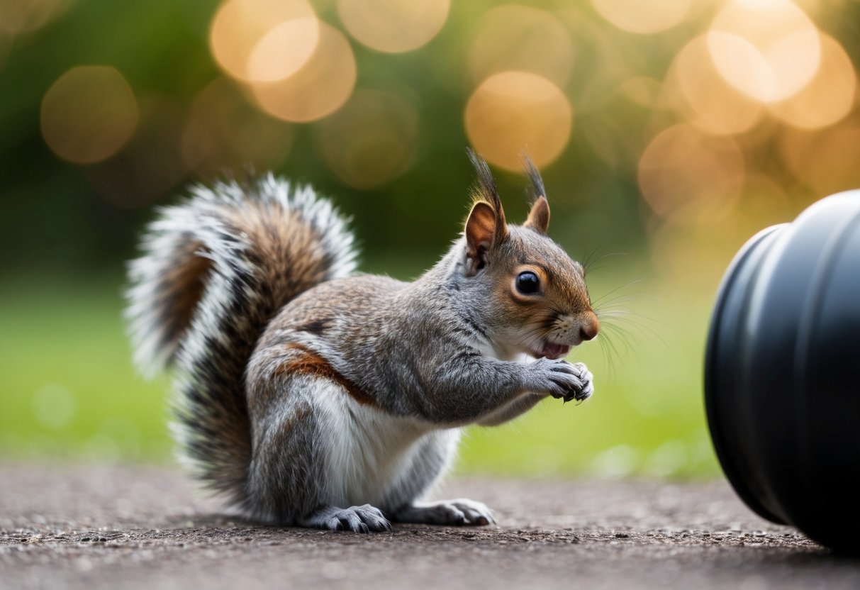 A squirrel cautiously approaches, sniffs, then gently touches a nearby object