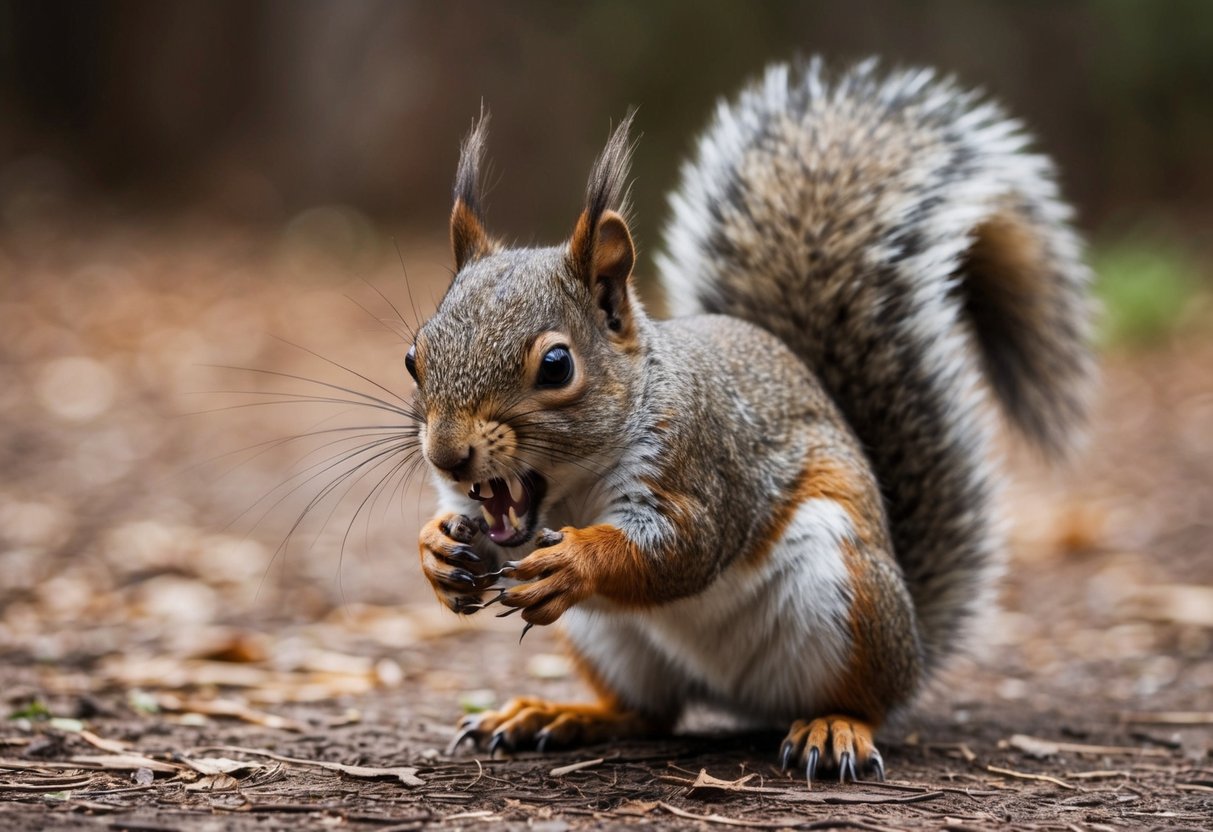 A squirrel lunges with sharp teeth and claws, its fur bristling in aggression
