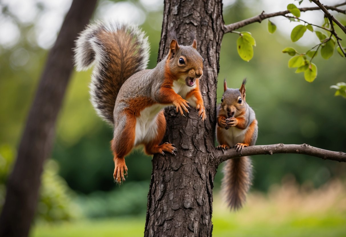 A squirrel lunges from a tree, teeth bared, as another squirrel watches from a nearby branch