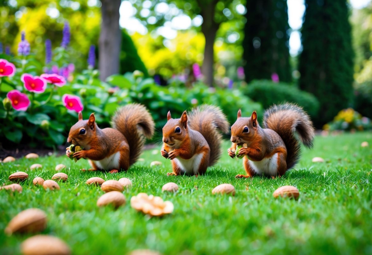 Squirrels search for food in a lush garden, surrounded by vibrant flowers and towering trees. Fallen nuts and seeds attract their attention as they scurry across the greenery