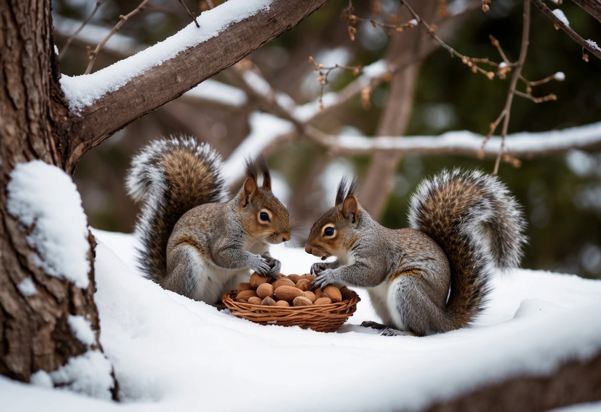Squirrels gather and store nuts in a cozy tree hollow, nestled among branches covered in snow
