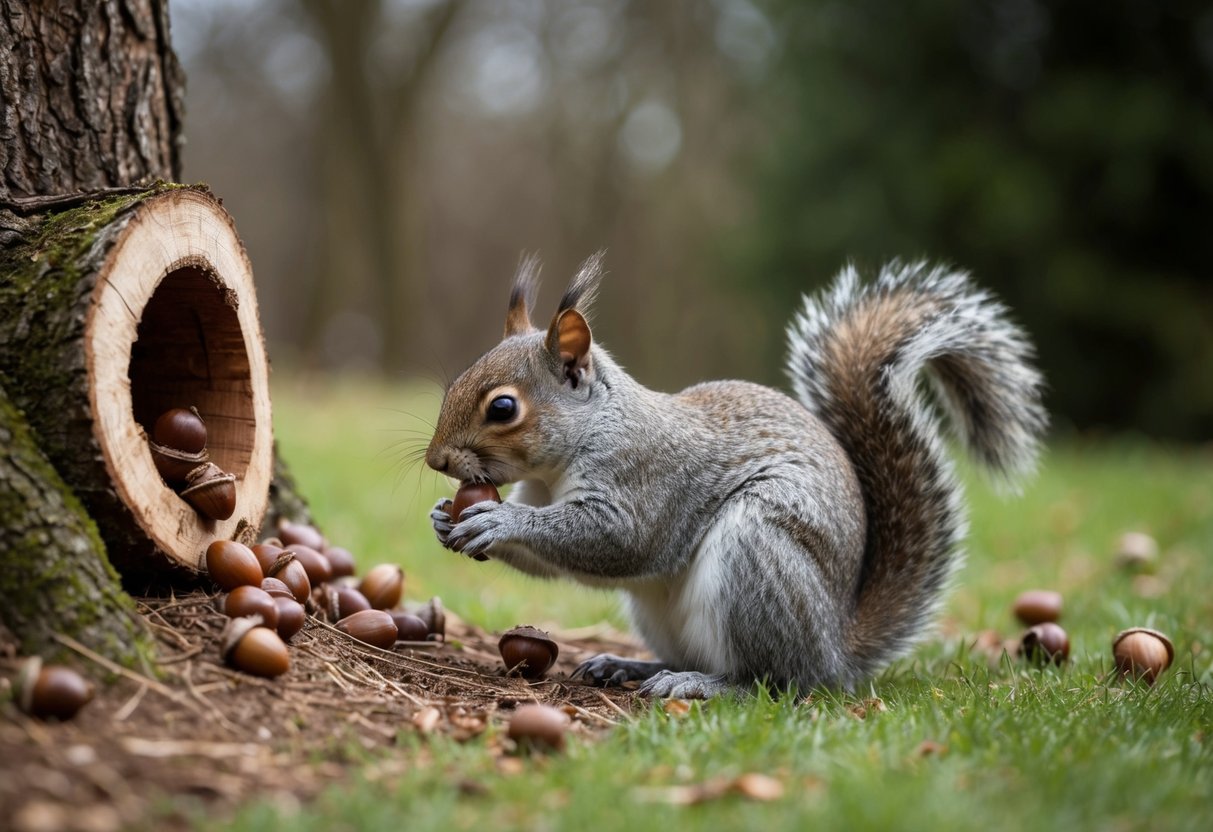 Squirrels store acorns in tree hollows, bury them in the ground, and forage for hidden food in the winter UK