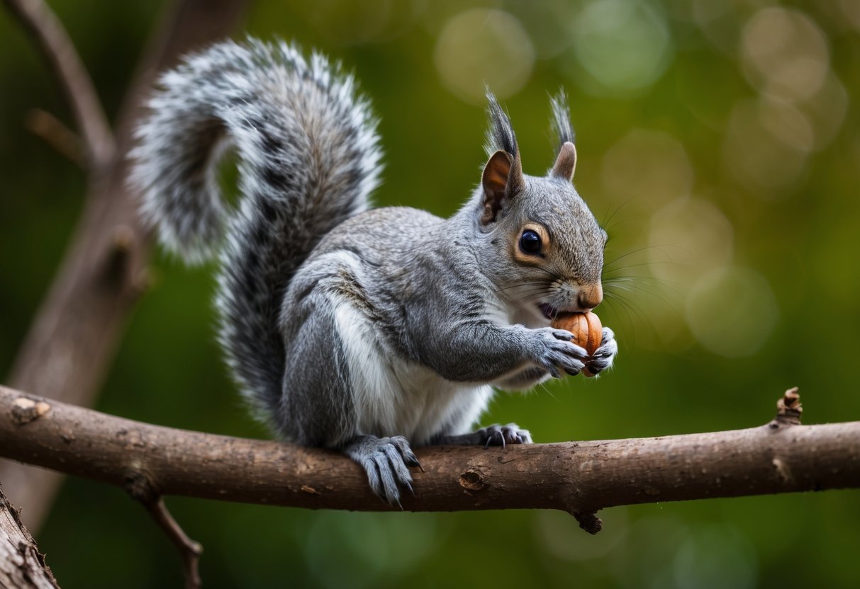 A grey squirrel perched on a tree branch, nibbling on a nut with its small paws and tail curled gracefully behind it