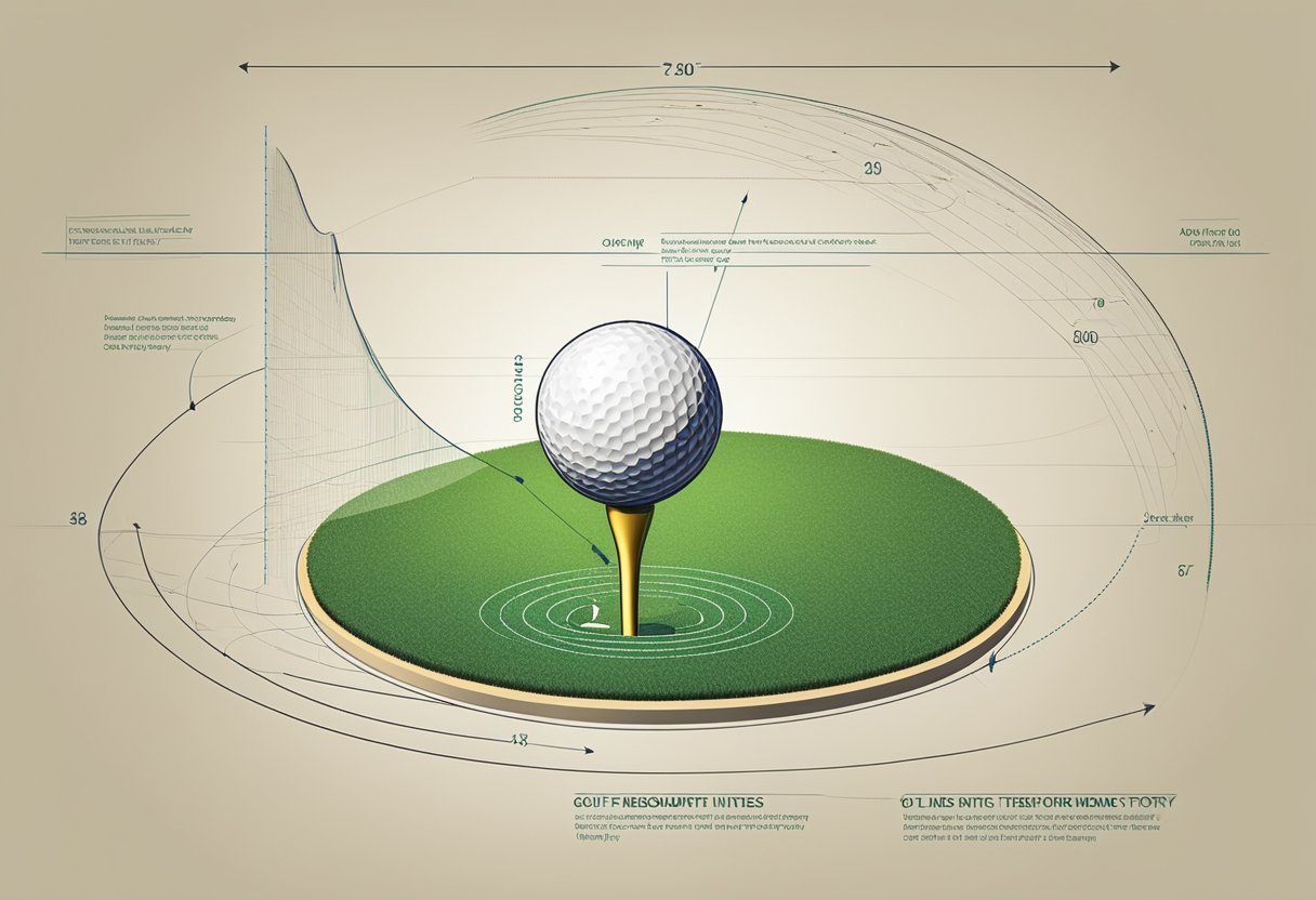 A golf ball flying off a tee, leaving a trail of motion lines behind it, with a blueprint diagram of the ball's trajectory and a distance measurement of 20+ yards