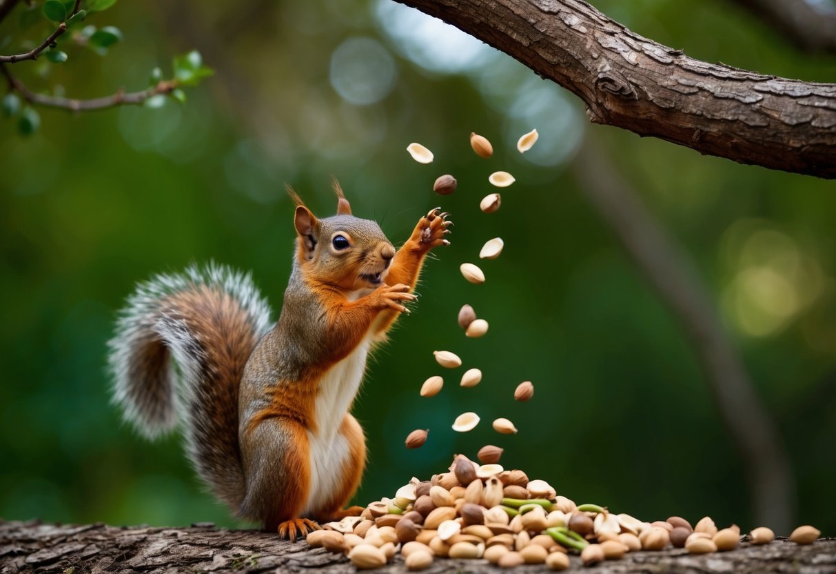 A squirrel perched on a tree branch, eagerly reaching for a pile of nuts and seeds scattered on the ground below