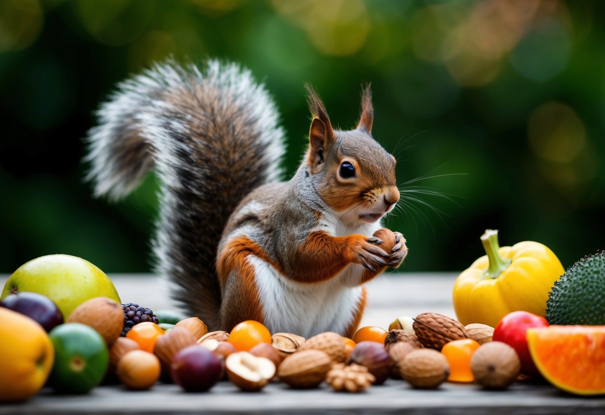 A squirrel surrounded by a variety of nuts, fruits, and vegetables, with a clear preference for nuts