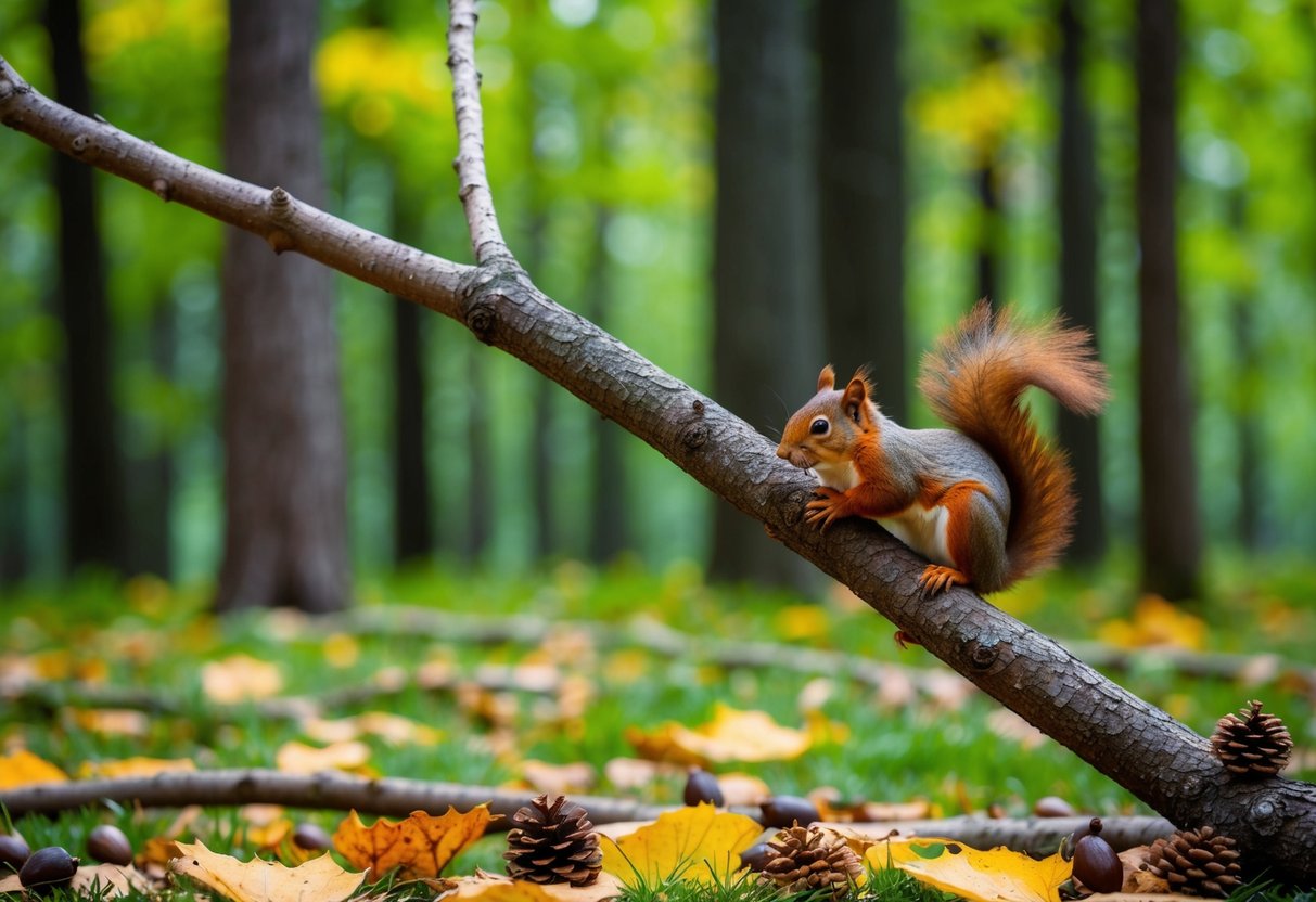 A forest clearing with green trees and fallen leaves. A red squirrel perched on a tree branch, surrounded by acorns and pinecones