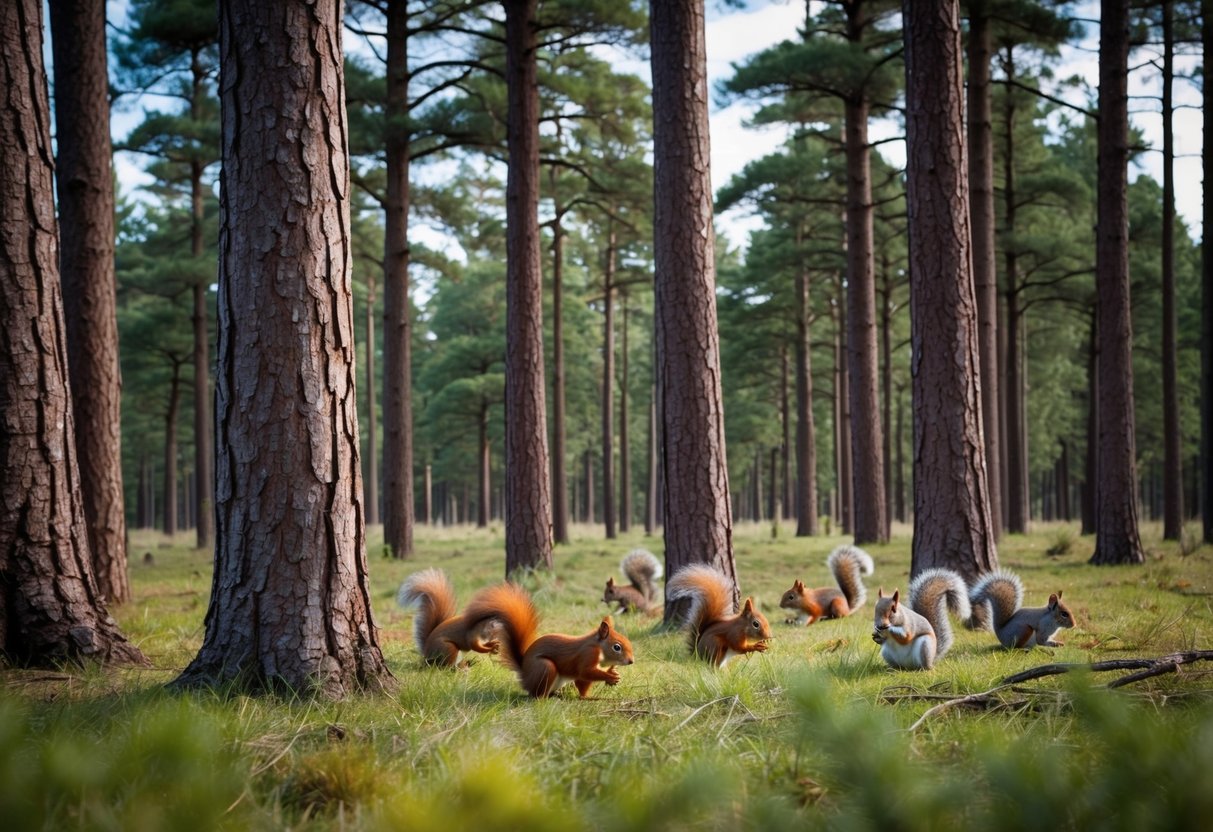 A dense forest with tall pine trees and scattered oak trees. A group of red squirrels navigating through the branches, avoiding grey squirrels