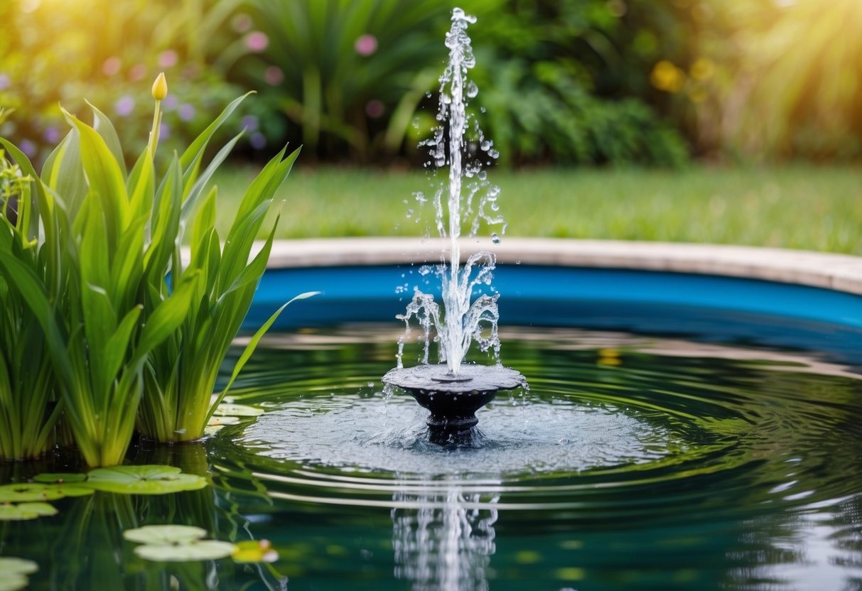 A serene pond with lush aquatic plants, a bubbling fountain, and a clean, well-maintained filtration system