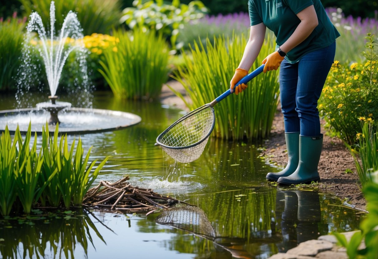 A person using a net to remove debris from a pond surrounded by water plants and a small fountain