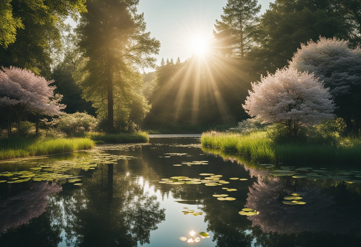 A serene pond surrounded by blooming flowers, clear water, and a variety of aquatic plants. Sunlight filters through the trees, creating a peaceful and inviting atmosphere