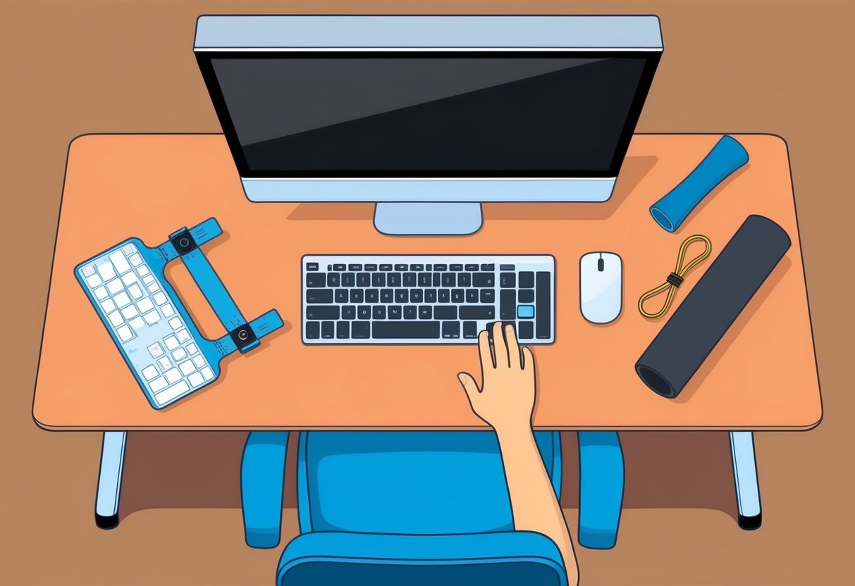 A desk with a chair, computer, and ergonomic accessories. Posture corrector, resistance bands, and foam roller nearby