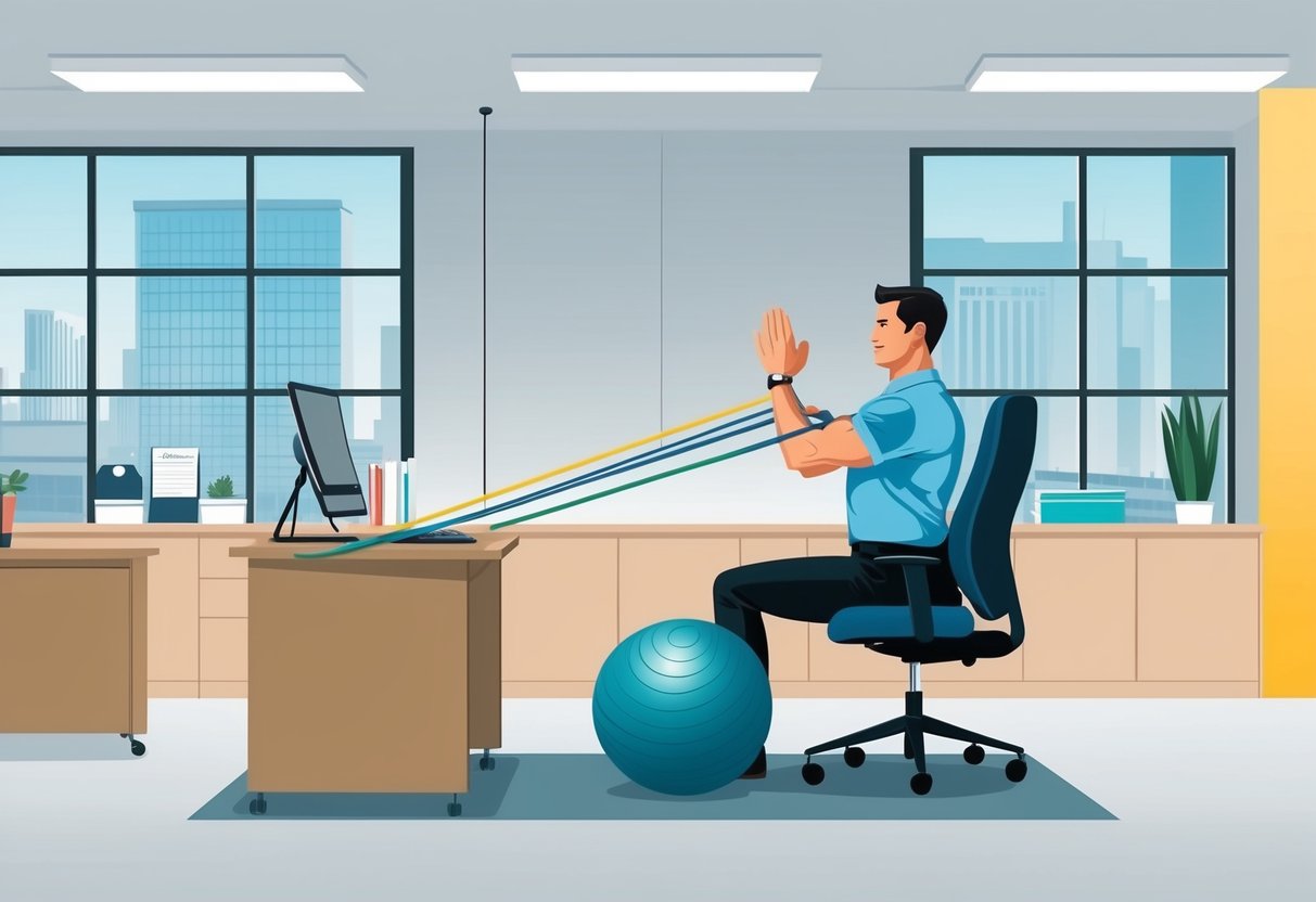 A desk worker performing targeted corrective exercises using resistance bands and a stability ball in a well-lit office space