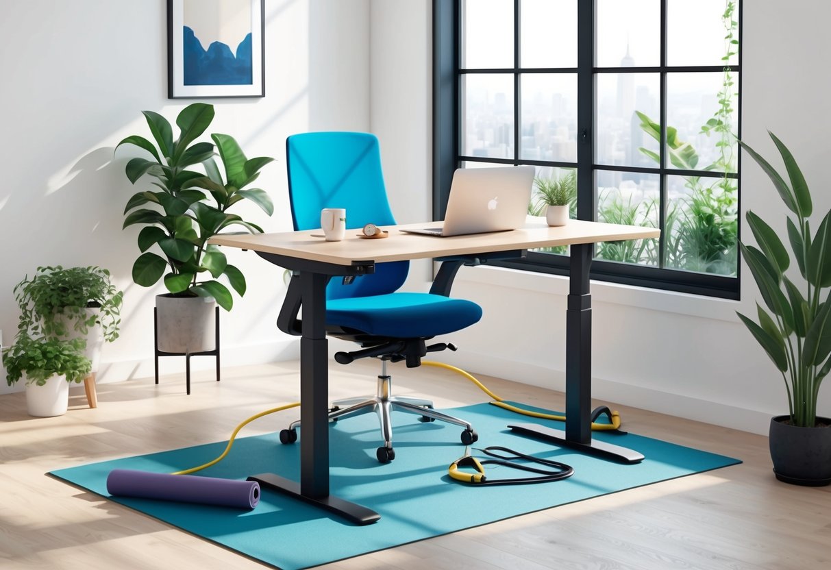 A desk with a standing desk converter, ergonomic chair, resistance bands, and yoga mat in a well-lit room with plants and a window view
