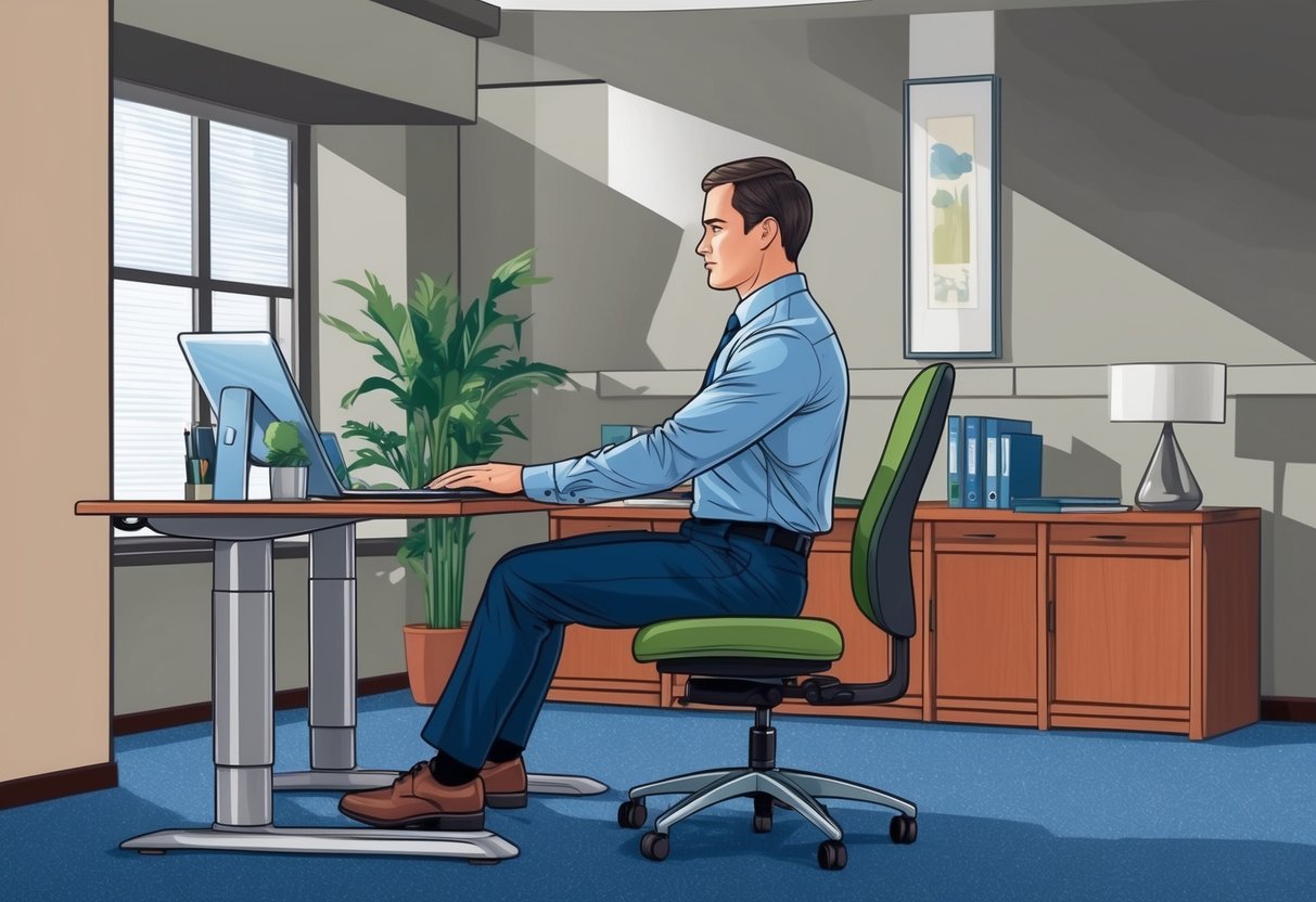 A desk worker performing corrective exercises under professional guidance in an office setting