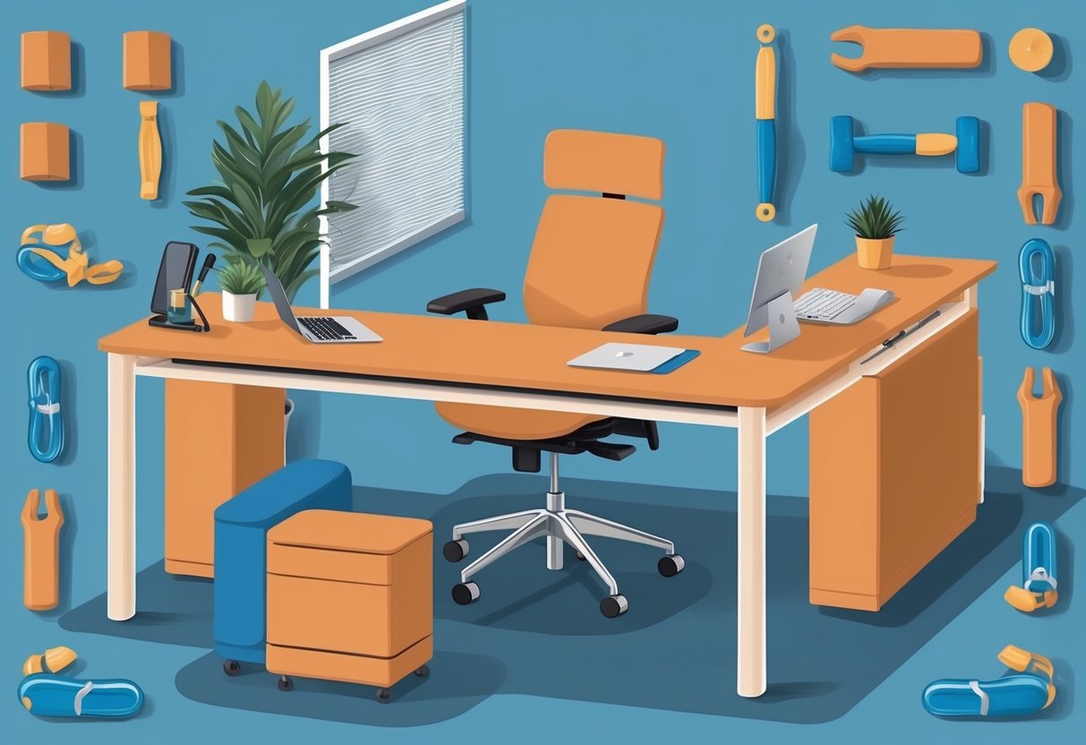 A desk with ergonomic chair and standing desk option, surrounded by exercise equipment and stretching aids