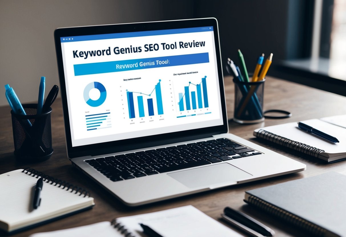 A laptop displaying a keyword genius SEO tool review with graphs and charts, surrounded by pens and notebooks on a desk