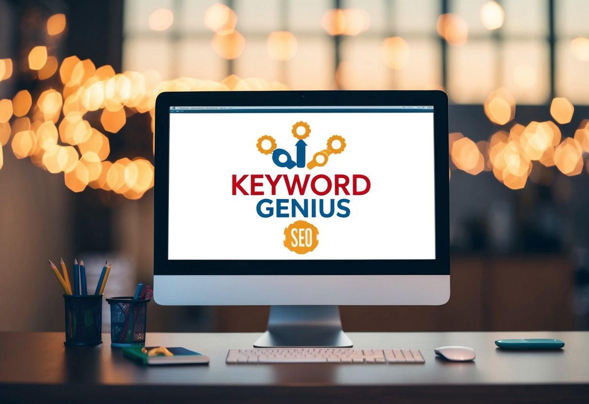 A computer screen displays Keyword Genius logo with SEO tools around it