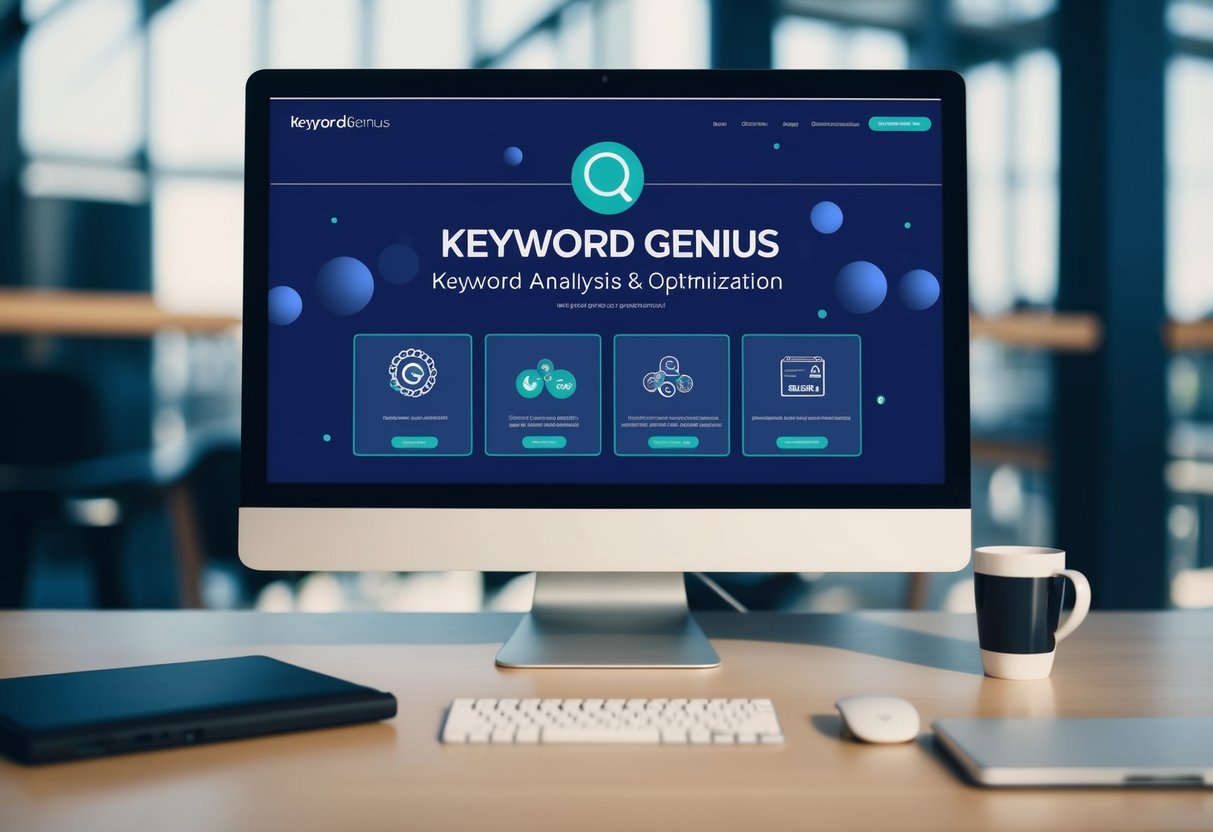 A computer screen displaying the Keyword Genius SEO tool interface with various keyword analysis and optimization features