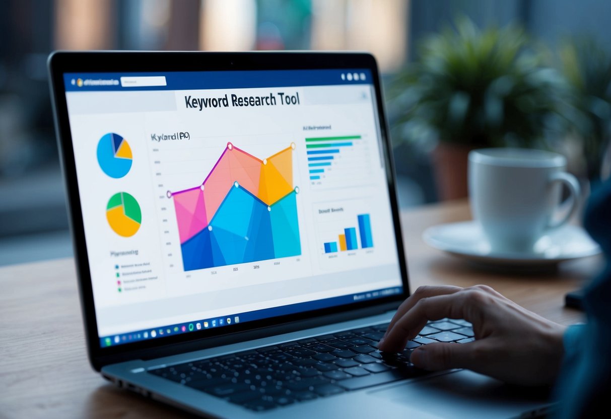 A laptop screen displaying a keyword research tool interface with colorful graphs and data visualizations. A user interacts with the tool, analyzing SEO performance