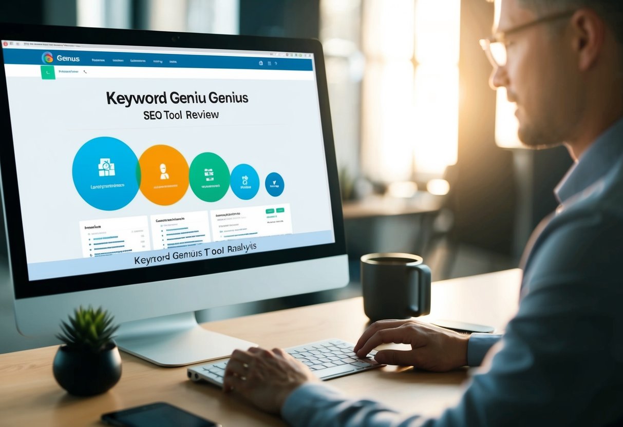 A computer screen displaying Keyword Genius SEO Tool review analytics