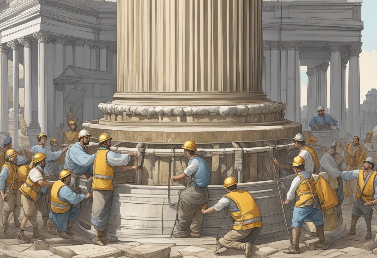 A team of oxen and workers use pulleys and ramps to lift and position massive marble drums onto Trajan's Column