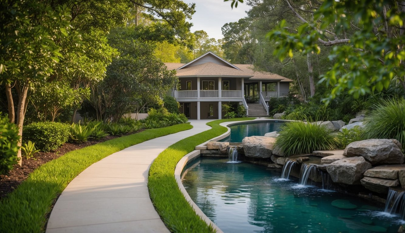 A serene nature scene with a winding path leading to a tranquil, secluded treatment center nestled among lush greenery and calming water features
