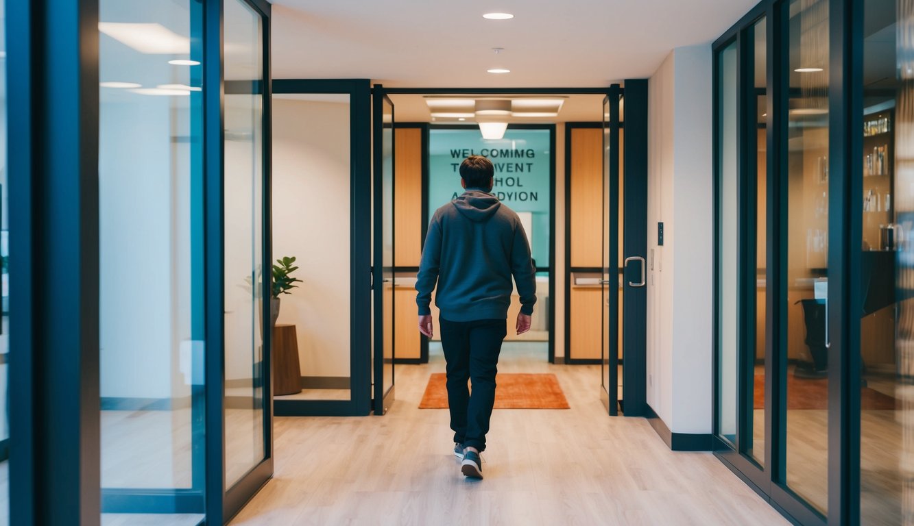 A person entering a modern, welcoming treatment center for alcohol addiction