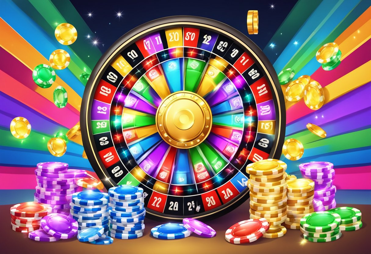 A colorful wheel of fortune surrounded by stacks of casino chips and sparkling gems