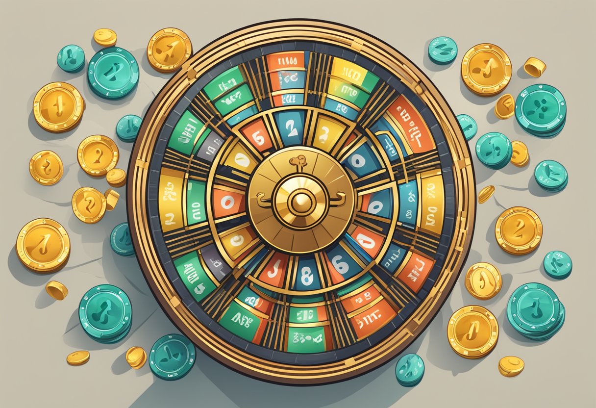 A spinning wheel with various rewards, surrounded by casino chips and a support hotline symbol