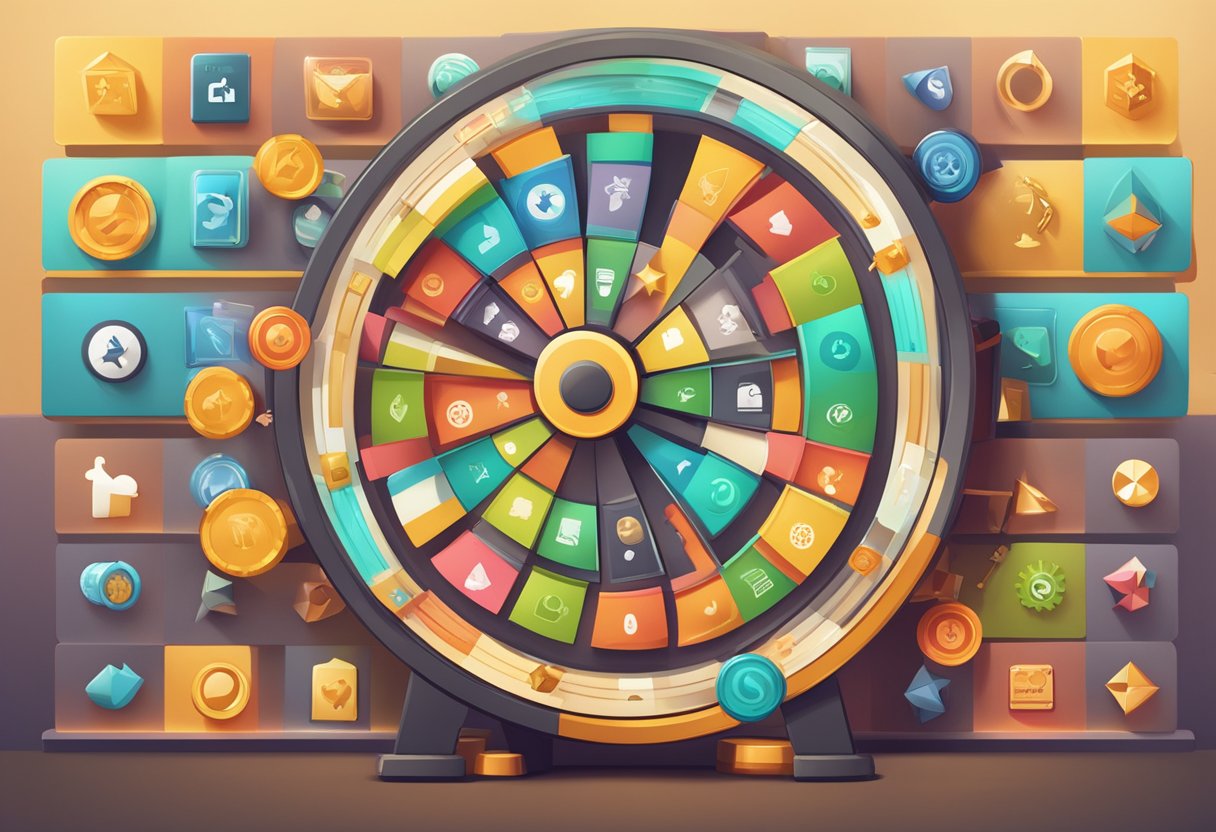 A spinning wheel surrounded by various game icons, with a progress bar showing loyalty rewards