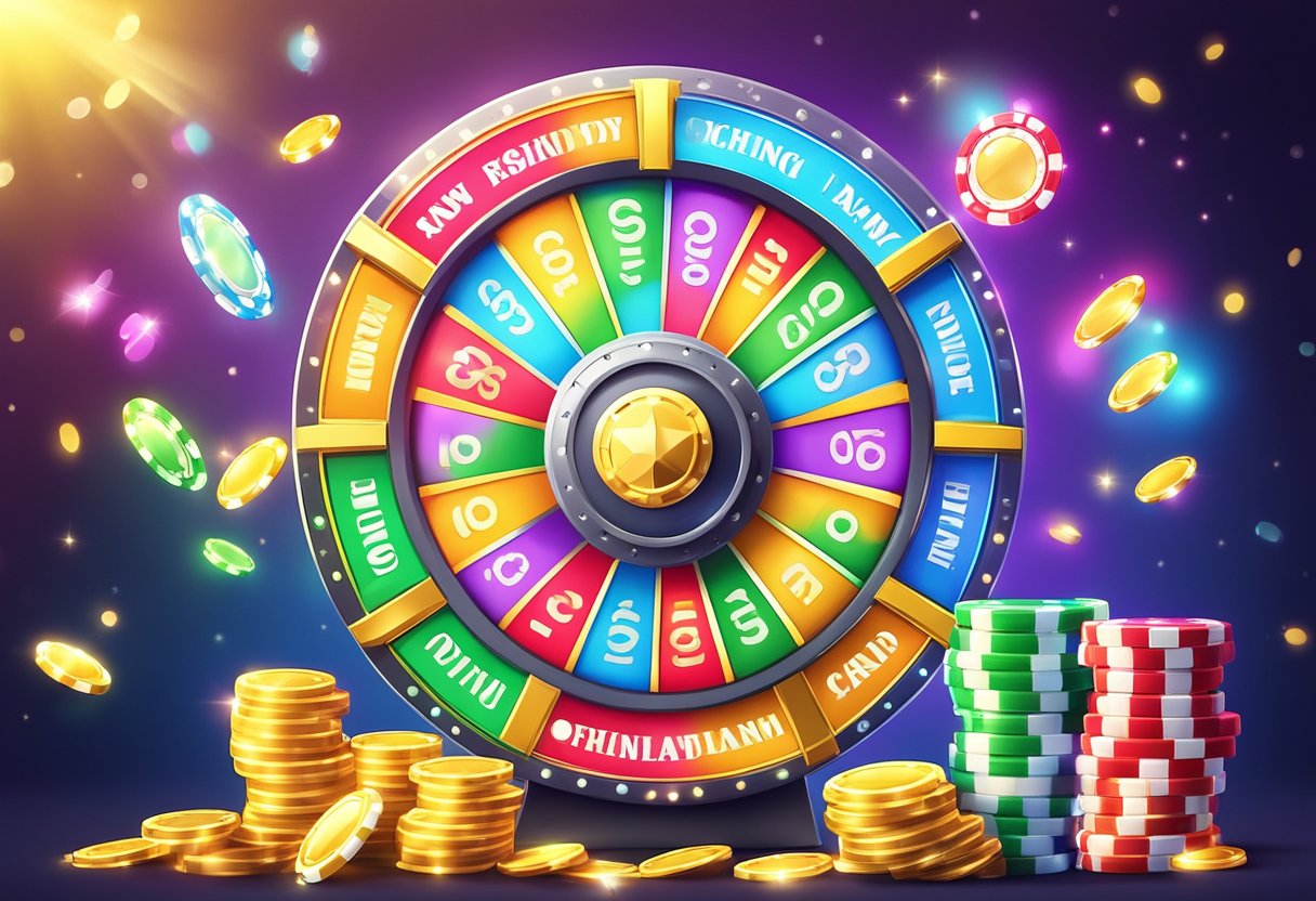 A colorful wheel of fortune surrounded by sparkling casino chips and a glowing loyalty card