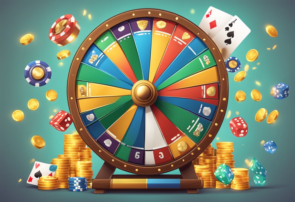 A spinning wheel with various rewards and levels, surrounded by casino-themed elements such as chips, dice, and playing cards